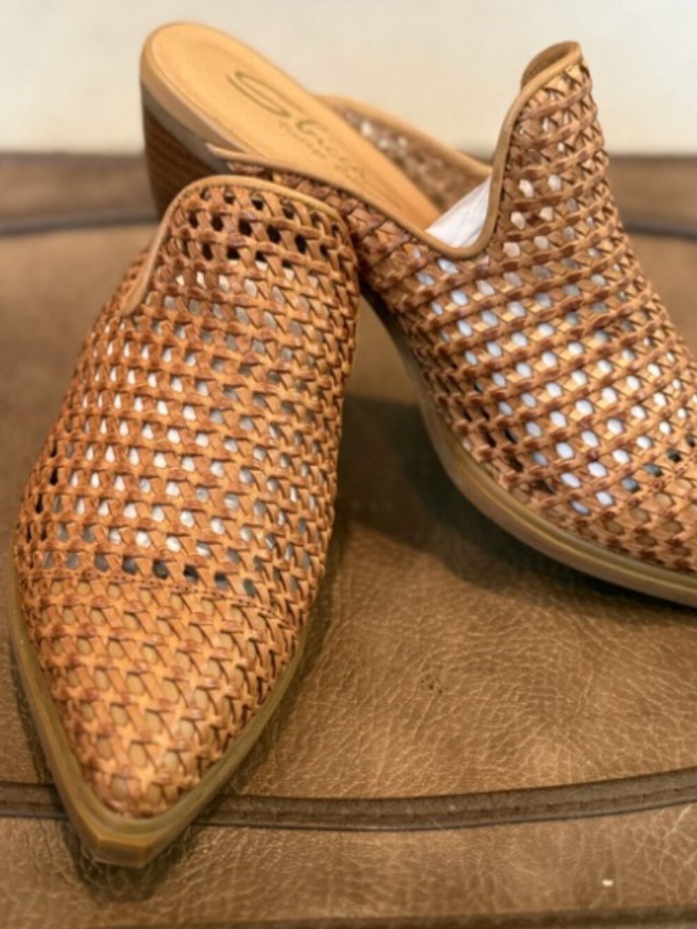 Chic Woven Mule Heels – Tan/Cognac